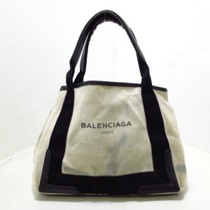 バレンシアガ BALENCIAGA トートバッグ レディース ネイビーカバS 339933 アイボリー×黒 キャンバス×レザー【中古】20230822