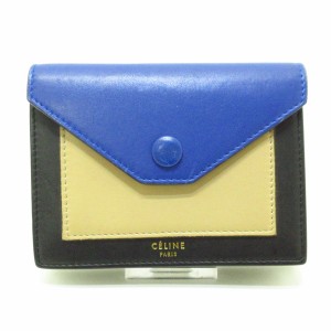 セリーヌ CELINE 名刺入れ レディース ポケットトライフォールデッド ブルー×黒×ベージュ レザー【中古】20231015