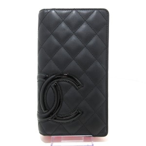 シャネル CHANEL 長財布 レディース 美品 カンボンライン 黒 レザー×エナメル（レザー）【中古】20240426