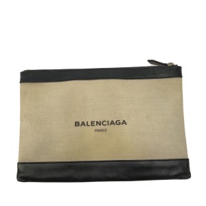 バレンシアガ BALENCIAGA クラッチバッグ レディース ネイビークリップM 373834 白×黒 キャンバス×レザー【中古】20231012