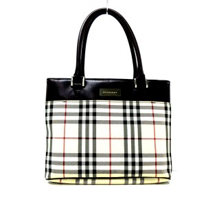 バーバリー Burberry トートバッグ レディース アイボリー×ダークブラウン×マルチ チェック柄 ジャガード×レザー【中古】20230925