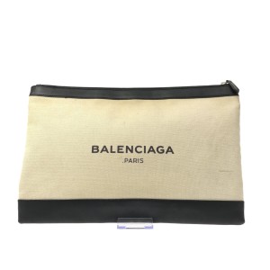 バレンシアガ BALENCIAGA クラッチバッグ レディース ネイビークリップL 373840 白×黒 キャンバス×レザー【中古】20231026