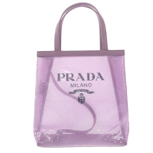 プラダ PRADA トートバッグ レディース 美品 スモール スパンコール メッシュ トートバッグ 1BG417 ライトパープル×黒【中古】20240507