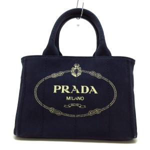 プラダ PRADA トートバッグ レディース CANAPA B2439G ダークネイビー×白 2WAY/ミニサイズ キャンバス【中古】20240604