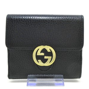 グッチ GUCCI 2つ折り財布 レディース 美品 インターロッキングG 598167 黒×ゴールド レザー【中古】20240520