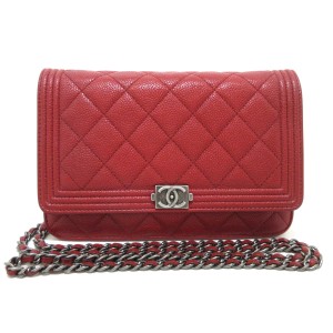 シャネル CHANEL 財布 レディース ボーイシャネル/マトラッセ レッド チェーンウォレット/ヴィンテージシルバー金具【中古】20240526