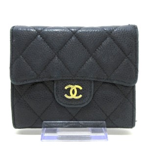 シャネル CHANEL 3つ折り財布 レディース マトラッセ A82288 黒 ゴールド金具 キャビアスキン 【中古】20240423