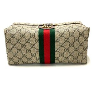 グッチ GUCCI ポーチ レディース 美品 GG柄/シェリー 572767 ベージュ×ブラウン×マルチ ナイロン×レザー【中古】20240611