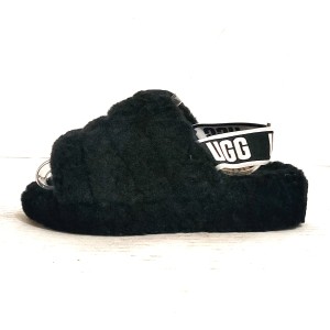 アグ UGG サンダル 22 レディース フラッフ イヤー スライド 1095119 黒×白 ムートン×化学繊維【中古】20231129