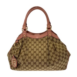 グッチ GUCCI トートバッグ レディース スーキ/GG柄 211944 ベージュ×ダークブラウン×ピンク ジャガード×レザー【中古】20240530