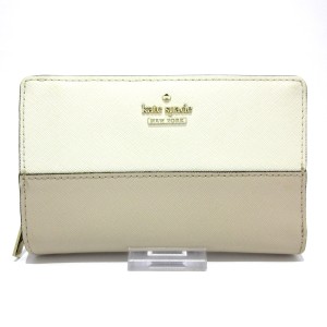 ケイトスペード Kate spade 2つ折り財布 レディース - PWRU5844 白×グレージュ ラウンドファスナー/バイカラー レザー【中古】20240407