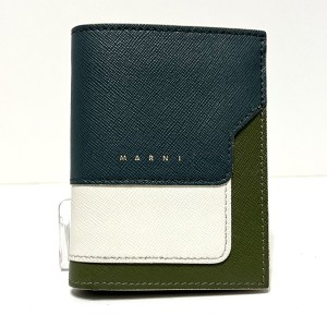 マルニ MARNI 2つ折り財布 レディース バイフォールドウォレット ネイビー×アイボリー×カーキ レザー【中古】20240525