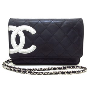 シャネル CHANEL 財布 レディース カンボンライン A46646 黒×シルバー チェーンショルダー/シルバー金具 ラムスキン【中古】20240609