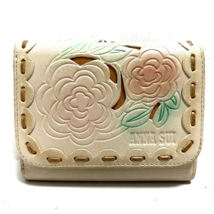 アナスイ ANNA SUI 3つ折り財布 レディース アイボリー×ピンク×グリーン フラワー(花)/型押し加工/がま口 レザー【中古】20240428