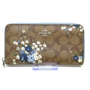 コーチ COACH 長財布 レディース - カーキ×ブルー×マルチ シグネチャー柄/花柄 レザー【中古】20240519