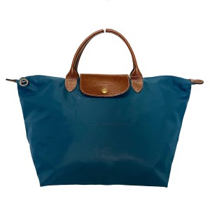 ロンシャン LONGCHAMP トートバッグ レディース ブルー×ブラウン 折りたたみ ナイロン×レザー【中古】20240526