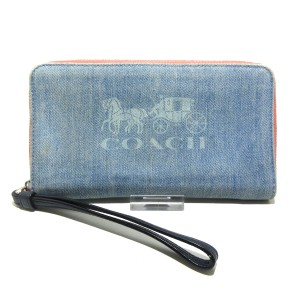 コーチ COACH 長財布 レディース - 1281 ライトブルー×ピンク ラウンドファスナー デニム【中古】20240501