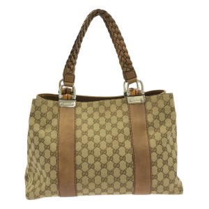 グッチ GUCCI トートバッグ レディース バンブー/GG柄 232947 ベージュ×ダークブラウン 編み込みストラップ【中古】20240202