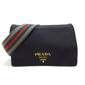 プラダ PRADA ショルダーバッグ レディース ロゴ 黒×マルチ レザー【中古】20240513