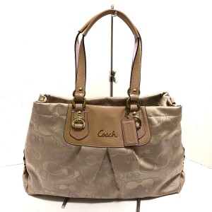 コーチ COACH トートバッグ レディース - F20642 ベージュ×ライトピンク ナイロン×エナメル（レザー）【中古】20240306