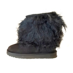 アグ UGG ショートブーツ JAPAN 250 レディース カフ 1875 黒 ムートン×ファー【中古】20240317