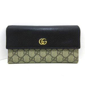 グッチ GUCCI 長財布 レディース GGマーモント,GGプラス・GGスプリーム 456116 ベージュ×黒 PVC(塩化ビニール)×レザー【中古】20240303