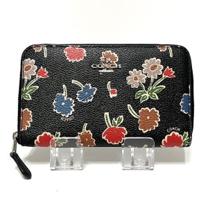 コーチ COACH 長財布 レディース - 黒×レッド×マルチ フラワー(花)/ラウンドファスナー PVC(塩化ビニール)【中古】20240309