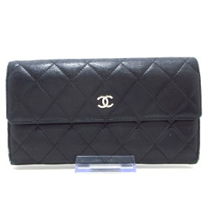 シャネル CHANEL 長財布 レディース マトラッセ 黒 シルバー金具 ラムスキン【中古】20240323