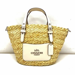 コーチ COACH トートバッグ レディース スモール トート CJ519 ベージュ×アイボリー ストロー×レザー【中古】20240422