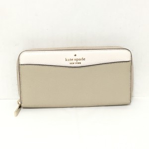 ケイトスペード Kate spade 長財布 レディース - WLR00402 ベージュ×アイボリー ラウンドファスナー レザー【中古】20240329