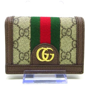 グッチ GUCCI 2つ折り財布 レディース 美品 オフィディア 523155 ベージュ×ダークブラウン×マルチ【中古】20240311