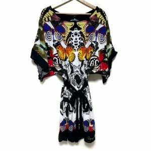 デシグアル Desigual ワンピース サイズ36 M レディース - 黒×白×マルチ クルーネック/半袖/ひざ丈/バタフライ(蝶)【中古】20240405