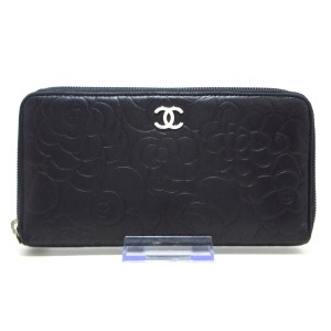 シャネル CHANEL 長財布 レディース カメリア 黒 シルバー金具 ラムスキン【中古】20240322