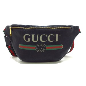 グッチ GUCCI ウエストポーチ レディース グッチプリントベルトバッグ 493869 黒×グリーン×レッド  レザー【中古】20240402