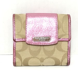 コーチ COACH Wホック財布 レディース シグネチャー柄 ライトカーキ×ピンク ジャガード×レザー【中古】20240414