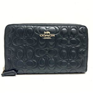 コーチ COACH 長財布 レディース シグネチャー柄 黒 ラウンドファスナー レザー【中古】20240406