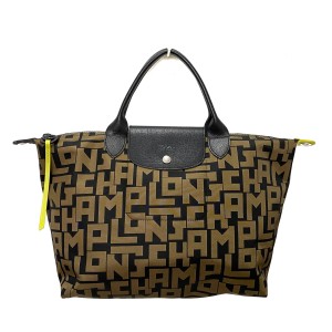 ロンシャン LONGCHAMP ハンドバッグ レディース ル・プリアージュ 黒×カーキ×イエロー ナイロン×レザー【中古】20240425