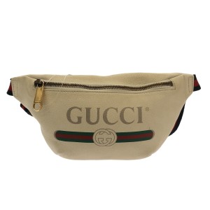 グッチ GUCCI ウエストポーチ レディース プリント スモール ベルトバッグ 527792 アイボリー×グリーン×レッド レザー【中古】20240530