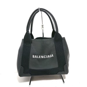 バレンシアガ BALENCIAGA トートバッグ レディース ネイビーカバスXS 390346 黒×白 レザー×キャンバス【中古】20240523