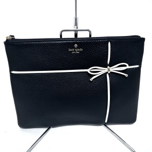 ケイトスペード Kate spade クラッチバッグ レディース - WLRU3204 黒×アイボリー リボン レザー【中古】20240421