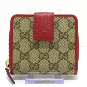 グッチ GUCCI 2つ折り財布 レディース 美品 GG柄 346056 ベージュ×ダークブラウン×レッド ジャガード×レザー【中古】20240416