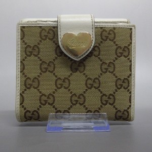 グッチ GUCCI Wホック財布 レディース GG柄 203549 ダークブラウン×ベージュ×アイボリー ハート ジャガード×レザー【中古】20240417