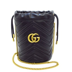 グッチ GUCCI ショルダーバッグ レディース 美品 GGマーモント,ミニ バケットバッグ 575163 黒 レザー【中古】20240429