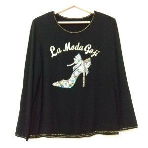 イタリヤ 長袖Tシャツ サイズ11 M レディース 美品 - 黒×ゴールド×マルチ パンプス柄/ビジュー/ラメ【中古】20240515