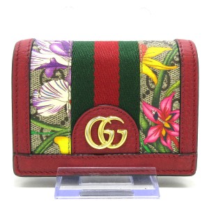 グッチ GUCCI 2つ折り財布 レディース オフィディア GGスプリーム 523155 ベージュ×レッド×マルチ 花柄【中古】20240411