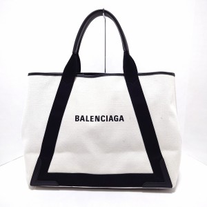 バレンシアガ BALENCIAGA トートバッグ レディース ネイビーカバスM 339936 アイボリー×黒 キャンバス×レザー【中古】20240512