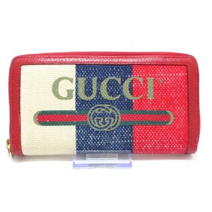 グッチ GUCCI 長財布 レディース グッチプリント 524790 レッド×アイボリー×ネイビー ラウンドファスナー【中古】20240427