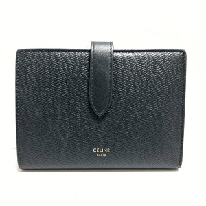 セリーヌ CELINE 2つ折り財布 レディース 美品 ミディアム ストラップウォレット 黒 グレインドカーフスキン【中古】20240512