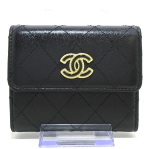 シャネル CHANEL 3つ折り財布 レディース 美品 マトラッセ 黒 ゴールド金具 レザー【中古】20240520