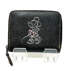 コーチ COACH 2つ折り財布 レディース - 黒×白×ピンク ミニーマウス/ラウンドファスナー/Disneyコラボ レザー【中古】20240519